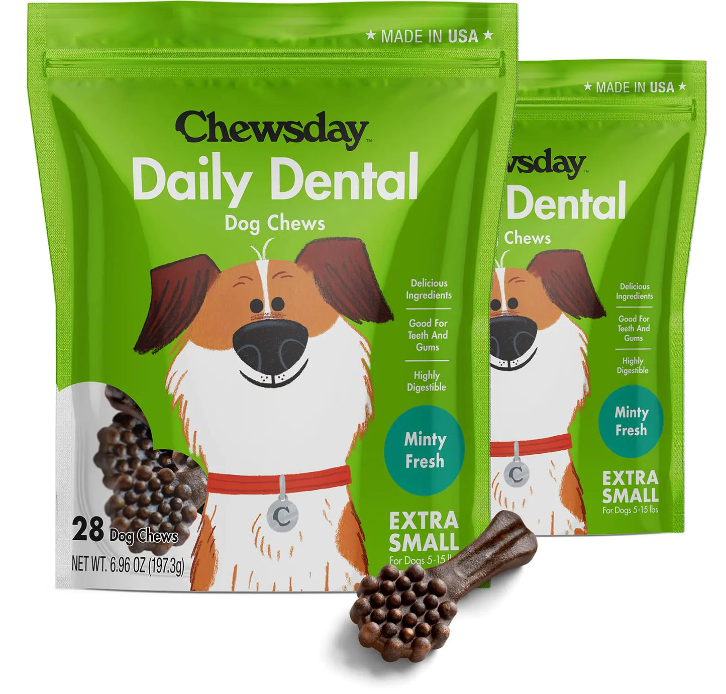 Chewsday Extra-Small Minty Fresh Daily Dental Dog Chews Made in The USA Natural Highly-Digestible Oral Health Treats for Healthy Gums and Teeth - 56 Count