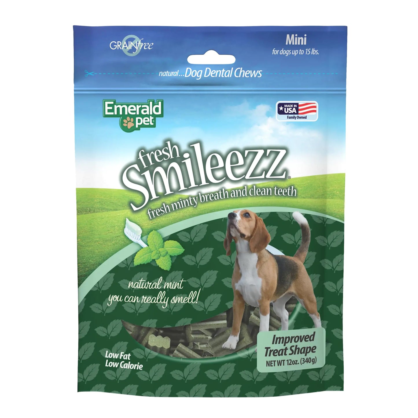 Emerald Pet Fresh Smileezz Grain Free Dog Dental Treats — Minty Fresh Breath and Clean Teeth for Puppies and Small Dog Breeds — Made in USA Mini 12 Oz