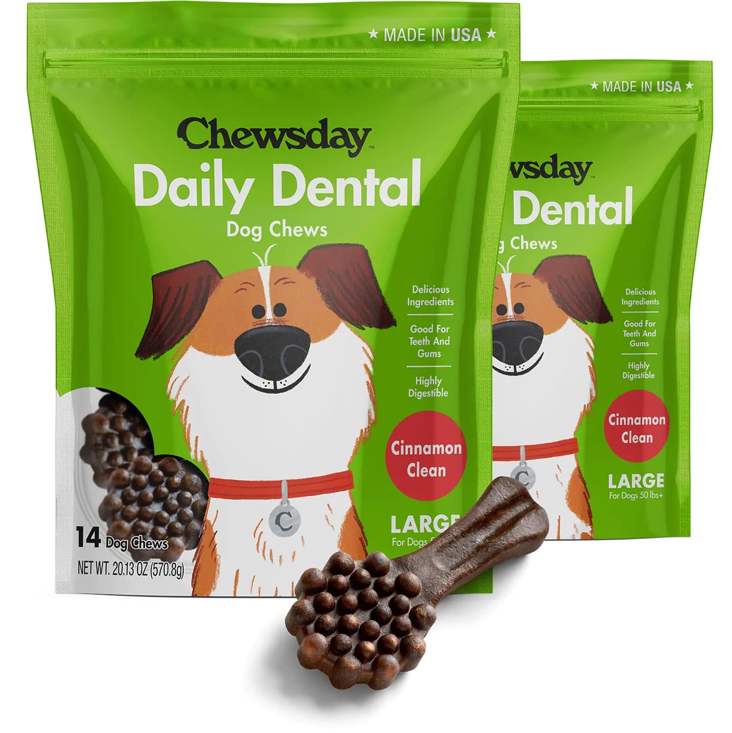 Chewsday Large Cinnamon Clean Daily Dental Dog Chews Made in The USA Natural Highly-Digestible Oral Health Treats for Healthy Gums and Teeth - 28 Count