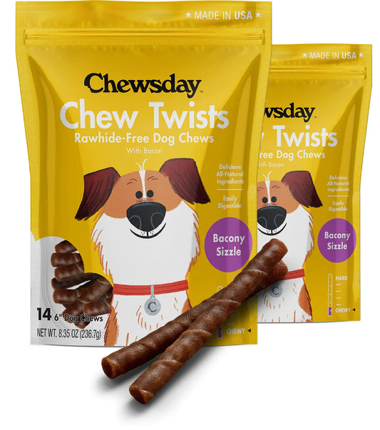 Chewsday 6-Inch Chewy Dog Chew Twists Made in The USA All Natural Rawhide-Free Highly-Digestible Treats Bacony Sizzle - 28 Count