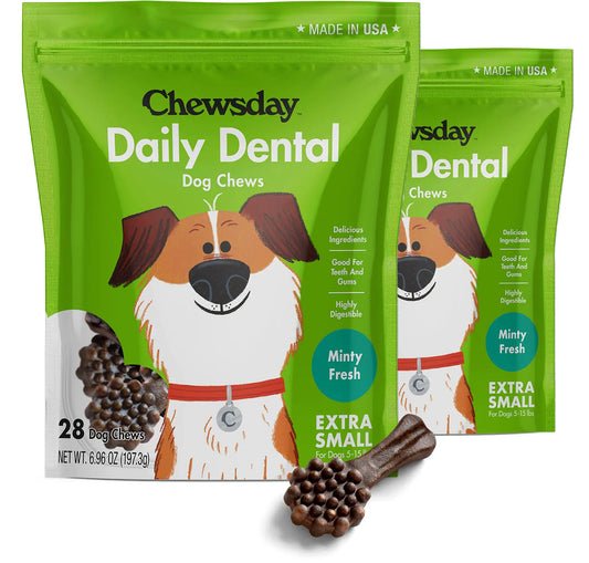 Chewsday Extra-Small Minty Fresh Daily Dental Dog Chews Made in The USA Natural Highly-Digestible Oral Health Treats for Healthy Gums and Teeth - 56 Count