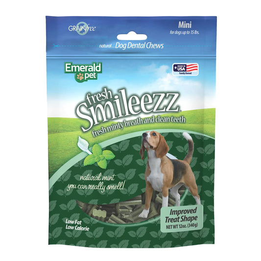 Emerald Pet Fresh Smileezz Grain Free Dog Dental Treats — Minty Fresh Breath and Clean Teeth for Puppies and Small Dog Breeds — Made in USA Mini 12 Oz